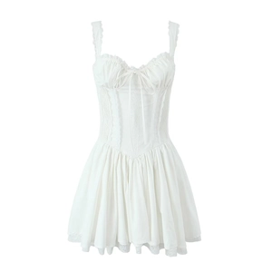 Mini Dress Cotton Lace Trim Camisole Pleated Corset Waist Bow Balletcore Gothic Lolita Style For Women