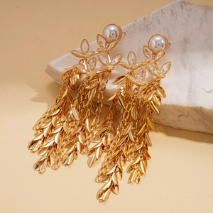 18K gold plated flower leaf fringe earrings with faux pearls on stone pedestal