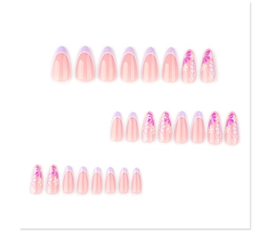 Detail of almond-shaped press-on nails with purple French tips and floral designs