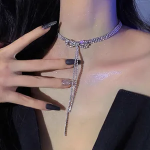 Rhinestone Bow Tassel Choker Necklace Sparkly Silver Alloy Fringe Neck Jewelry For Women Party Elegant Accessory
