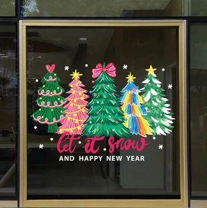 Stickers de fenêtre sapins de Noël avec texte festif Let it snow et Bonne Année