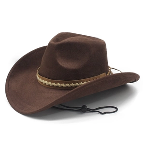 Classic dark brown suede cowboy hat with woven band and adjustable chin strap