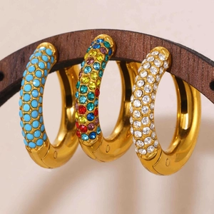 Golden 4mm stainless steel hoop earrings with blue, colorful, and clear cubic zirconia