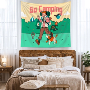 Détail d'une tapisserie murale camping avec texte Go Camping et illustration voyageur