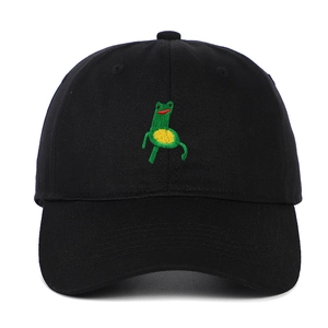 Black cotton baseball cap featuring a funny green frog embroidery on the front panel