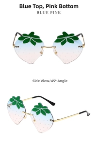 Detail view of strawberry shaped rimless sunglasses with blue to pink gradient lenses