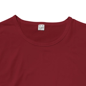 Close-up of crew neckline and M-size label on the dark red 100% polyester tank top