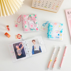 Three-ring mini PVC photo album with cute animal pendants and transparent sleeves