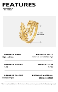 Detail view of gold leaf shaped stainless steel ring with 1.7cm adjustable size marking