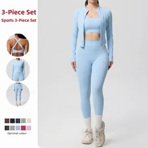 Set da Yoga 3 Pezzi Spazzolato da Donna Giacca con Zip Reggiseno Sportivo Leggings a Vita Alta Tuta Sportiva per Palestra Fitness