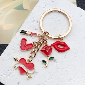 Creative Red Enamel Heart Rose Lipstick Keychain Gold Alloy Charm Pendant For Bag Car Valentine's Day Gift For Women