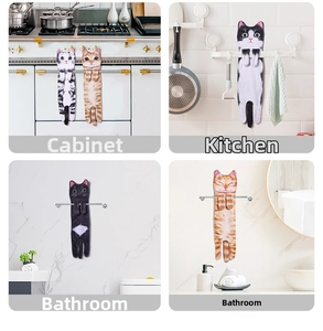 Hanging microfiber cat hand towel shown in kitchen, bathroom, and cabinet scenarios