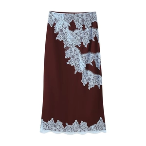 Lace-trimmed burgundy satin midi skirt set with elegant blue floral lace detailing
