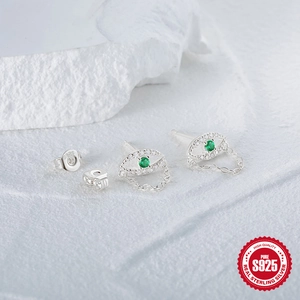 S925 sterling silver evil eye stud earrings with green stones and chain tassel accents