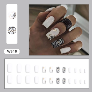 Glossy white and leopard print medium square press-on nails with gold wire accents