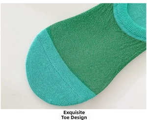 Detailed macro view of the reinforced toe with breathable mesh on invisible socks