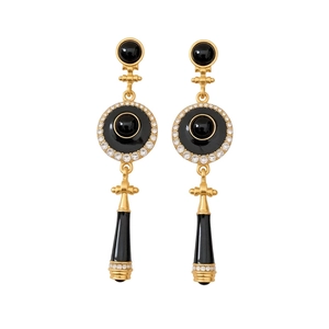 Vintage gold and black enamel drop earrings with rhinestones for elegant retro style