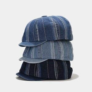 Vintage Striped Cotton Denim Newsboy Cap Washed Retro Flat Ivy Hat For Men Women Adjustable Sun Protection
