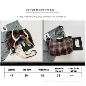 Detailed size chart for plaid tote bag with width 49cm, height 30cm and strap 32cm