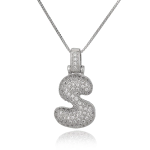 Silver letter S pendant necklace with micro-paved zircons and fine box chain