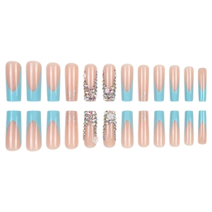Blue French floral press-on nails with glitter gradient and 3D rhinestones