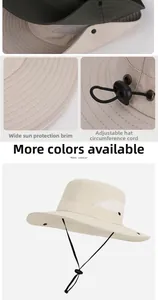 Detail view of breathable mesh and adjustable drawstring on large brim outdoor sun hat
