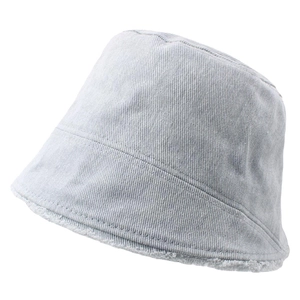 Detail of light blue bucket hat with plush white faux fur trim and denim texture