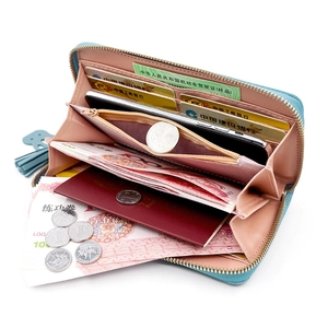 Tiffany blue long zip-around wallet for women with tassel and large inner capacity