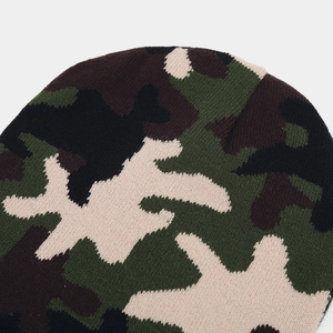 Detail of camouflage knit beanie showing green and brown jacquard pattern texture