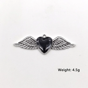 Gothic vintage winged heart pendant necklace with black enamel detail and dimensions