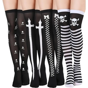 Medias altas de Halloween para mujer con calaveras góticas y estampados de rayas