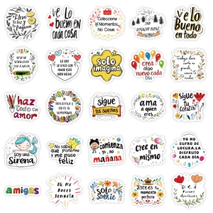 Matrix layout of colorful Spanish motivational stickers with artistic hand-drawn typography