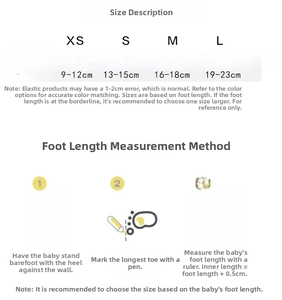 Size chart for breathable mesh baby socks with foot length measurement instructions