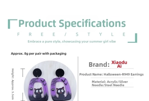 Detailed spec sheet showing 5.5cm purple Halloween acrylic cat and bat earrings