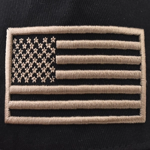 Black washed baseball cap with classic American flag embroidery detail on front panel