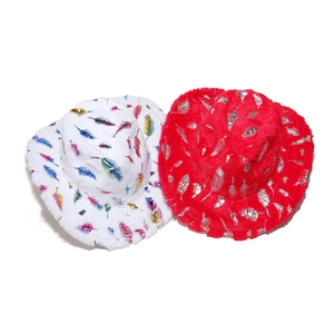 Detail of plush western cowboy hats with colorful feather prints and wide curved brims