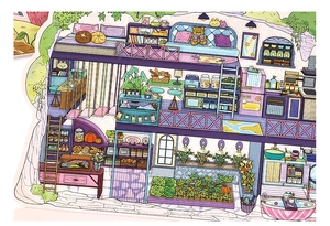 Macro detail of hand-drawn miniature house stickers for creative journaling scenery