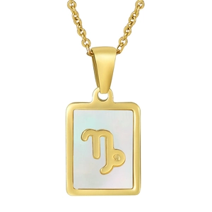 Macro view of 18K gold Capricorn pendant with white mother of pearl inlay on chain
