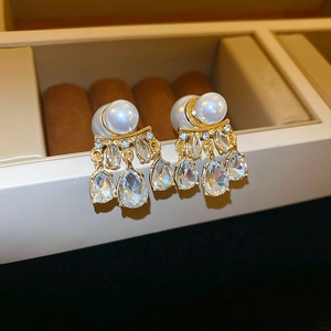 Waterdrop Imitation Artificial Pearl Stud Earrings With 925 Sterling Silver Earring Post Alloy Rhinestone Elegant Jewelry For Women
