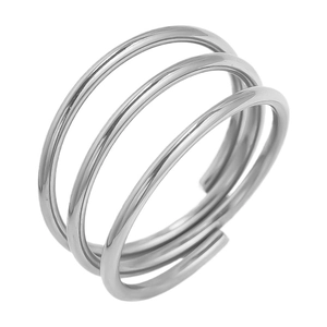 Detailed view of silver 304 stainless steel triple-layered winding open ring band