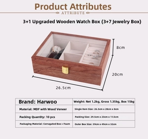 Wooden watch and jewelry storage box with clear lid, multi-compartment organizer showcase.