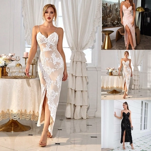Sequin Floral Mesh Evening Dress V-Neck Camisole High Split Backless Slim Fit Long Gown For Women Party Prom