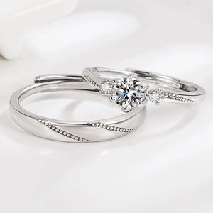 Elegant adjustable couple rings with six-prong set solitaire and patterned band