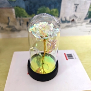 Close-up of holographic galaxy rose with LED lights in glass dome on black base