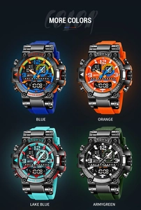 Detailed view of dual display sport watches in blue, orange, lake blue and army green