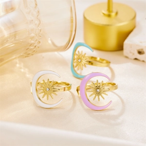 Retro stainless steel star and moon rings with colorful enamel and zircon stones