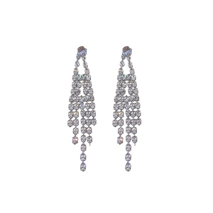Sparkling silver tassel earrings with zircon stones on a clean white background