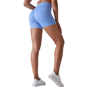 High-waisted seamless scrunch butt yoga shorts in sky blue heathered fabric for fitness