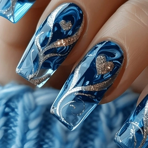 Blue Marble Heart Press On Nails Coffin Shape Glitter Resin Fake Finger Nails For Women Long Wearable Art