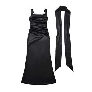 Elegant black satin maxi dress with corsetry details and matching scarf accessory